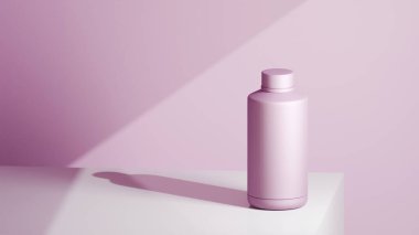 Kızarık renkli içki şişesi beyaz bir masanın üzerine yerleştirilmiş, parlak renklerde fütüristik fotoğraf konsepti.