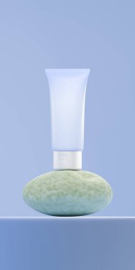 Matte Blue 'da izole edilmiş tüp kremi, yuvarlak bir taşın üzerine yerleştirilmiş beyaz şapkalı. Krem tüpü Derece Mavi arka plan ve tabana yerleştirilmiş.