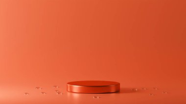 Domates renkli arkaplana yerleştirilmiş izole edilmiş domates renkli podyum. Etrafında su damlaları var..