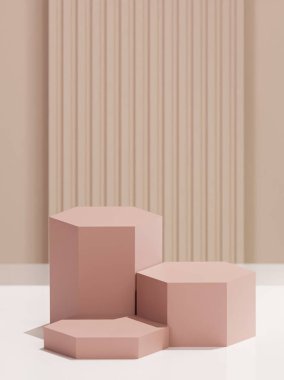 3D oluşturulmuş altıgen nesne, 3 Hexagon tabanı farklı boyutlarda Patlama Kapalı Bronz rengi, Çöl Kumu arkaplan rengi