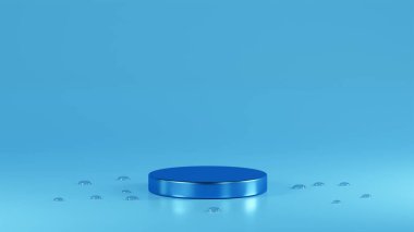 Cyan renkli parlak podyum. Cyan renkli arka plana yerleştirilmiş. Etrafında su damlaları var.