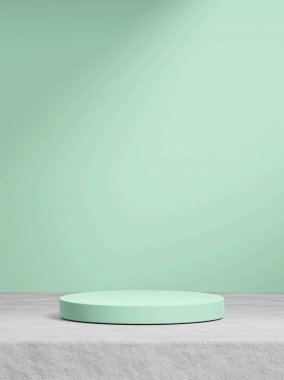 Arka planda güneş ışınları ışığı, deniz köpüğü yeşil arka planda, ürün değiştirme çimento üzerinde izole deniz köpüğü yeşil podyumu