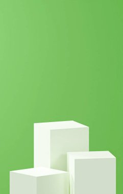 dikey tırtıl yeşil arka plan, üç beyaz küp tabanı, tırtıl yeşil renk paleti, ürün yerleştirme