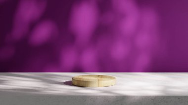 Mor Fuchsia arka planının üzerine yuvarlak ahşap bir podyum yerleştirilir. Yaprakların doğal gölgeleriyle aydınlatma