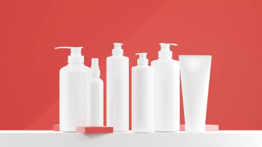 Beyaz losyon, sprey ve pompa şişesi. Beyaz şapkalı beyaz losyon şişesi. Kırmızı taban ve arkaplan rengine konulmuş çeşitli boyutlarda losyon şişeleri