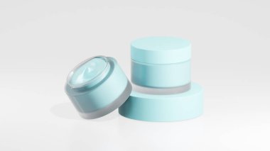2 paket soluk mavi tencere krem şişesi, soluk mavi podyumda esrar kremi şişeleri, beyaz arka planda izole edilmiş tencere kremi şişeleri.
