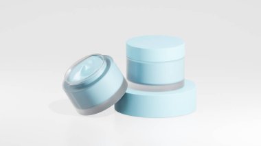 2 paket Maya mavisi sis, esrar kremi şişeleri, Maya mavi sis podyumunda esrar kremi şişeleri, beyaz arka planda izole edilmiş ot kremi şişeleri.