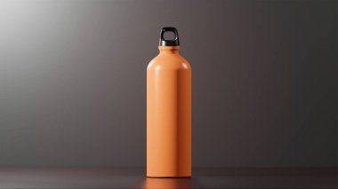 Işıltılı Amber Parıltısı renginde, hafif mat kaplamalı, izole modern bir şişe. Benzersiz parlak siyah şişe kapağı. taklacı tam Siyah arkaplan üzerine yerleştirildi