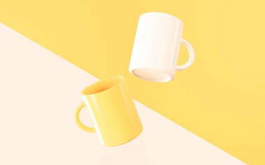 parlak sarı seramik bardak ve beyaz kupa, köşegen sarı ve beyaz arkaplan