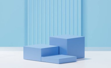 3D oluşturulmuş 3 küp Fransız gökyüzü mavi, beyaz taban rengi ve açık mavi gökyüzü arkaplanı.