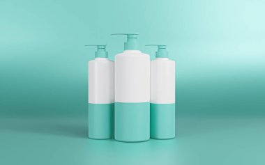 3 beyaz ve turkuaz pompa şişesi, boş pompa şişeleri, turkuaz arka plan.