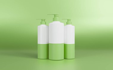 3 beyaz ve şam fıstıklı pompa şişeleri, boş pompa şişeleri, şam fıstığı arka planı