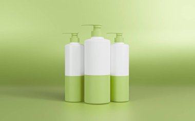 3 beyaz ve yosun yeşili pompa şişesi, boş pompa şişeleri, yosun yeşili arka plan.