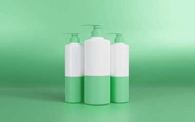 3 beyaz ve büyükanne Smith elma pompası şişeleri, boş pompa şişeleri, nene demirci elma arka planı