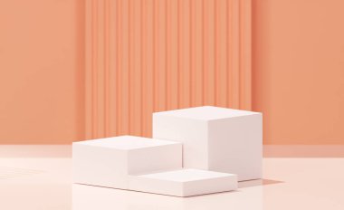 3D, beyaz renkli 3 küp, mandalina tabanlı açık renk ve soyulmuş mercan zemin