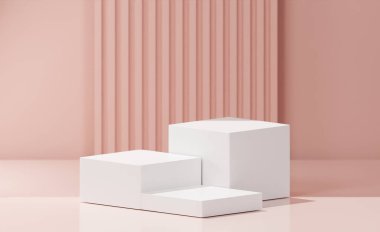 3D yorumlama konsepti. Değişen yüksekliklere sahip 3 beyaz küp kutu, pembe arka plan, çizgili kabartmalı desen arka plan.