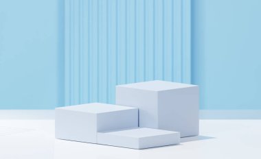 3D işlemeli 3 küp, açık çelik mavi renk, beyaz taban rengi ve açık mavi gökyüzü arkaplanı..