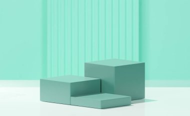 3 boyutlu 3 küp Hooker Green, aero mavi baz rengi ve soyulmuş aquamarine arkaplanı.