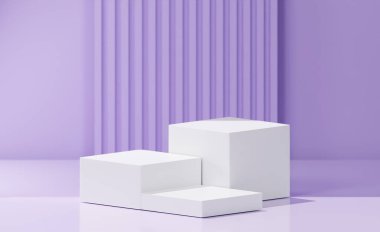 3D yorumlama konsepti. Değişen yüksekliklere sahip 3 beyaz küp kutu, orta mor arkaplan, çizgili kabartmalı desen arkaplan.