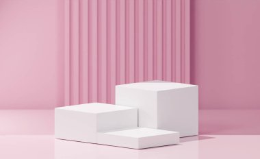 3D yorumlama konsepti. Değişik yüksekliklere sahip 3 beyaz küp kutu, pembe arkaplan, çizgili kabartmalı desen arka plan.
