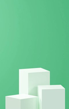 dikey nane yeşili arkaplan, üç beyaz küp tabanı, nane yeşili renk paleti, ürün yerleştirme