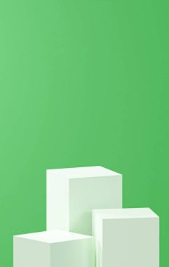dikey çekirge yeşil arka plan, üç beyaz küp tabanı, çekirge yeşil renk paleti, ürün yerleştirme.