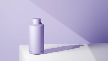 yumuşak mor renkli içki şişesi beyaz bir masanın üzerine yerleştirilmiş, yumuşak mor arka plan, parlak renklerle fütürist fotoğraf konsepti