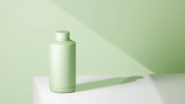 Çay yeşili renkli içki şişesi beyaz bir masanın üzerine yerleştirilmiş, yeşil arka planda, parlak renkli fotograf konsepti