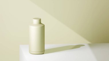 Hastalıklı renkli içki şişesi beyaz bir masaya yerleştirilmiş, hastalıklı bir arkaplanının önüne yerleştirilmiş, parlak renkli fotojenik fotoğraf konsepti..