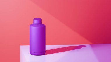 Açık mor bir masaya yerleştirilmiş parlak siyah orkide şişesi, elektrikli pembe arka plan, parlak renkli fotograf konsepti.