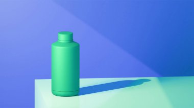 Parlak yonca içme şişesi bir ışık toska masa üzerine yerleştirilir, toz mavi arka plan, parlak renklerle fütüristik fotoğraf konsepti