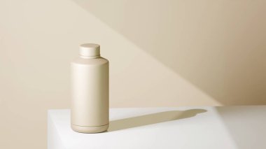 Flaxen buğday renkli içecek şişesi beyaz bir masaya yerleştirilir, keten rengi buğday arka planının önüne yerleştirilir, parlak renklerle fütüristik fotoğraf konsepti