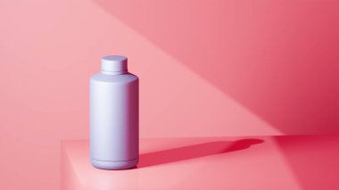 Gül arkaplanının önüne yerleştirilmiş eflatun renkli içki şişesi parlak renklerde fotograf konsepti..