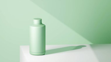 Pastel nane rengi içki şişesi beyaz bir masanın üzerine yerleştirilmiş, nane arkaplanının önüne yerleştirilmiş, parlak renklerle fütüristik fotoğraf konsepti.