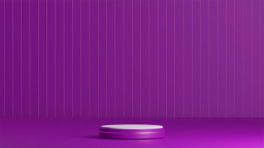 Altın çizgili menekşe podyum, 3D obje podyumu, mor kürsünün üzerinde beyaz podyum, altın dikey direkli parlak menekşe arkaplan