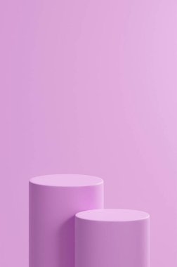 dikey şampuan arka plan, iki yuvarlak tüp podyum, şampuan renk paleti, ürün yerleştirme.