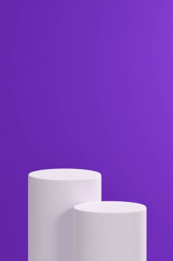 Beyaz renkli iki yuvarlak tüp podyumu, arka plan olarak çivit rengi paleti, ürün yerleştirme