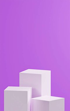 Farklı boyutlarda üçlü beyaz küp tabanı, menekşe rengi arkaplan, ürün yerleştirme