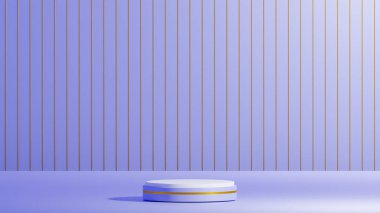 Altın çizgili şeker eriği renkli podyum, 3D obje podyumu, şeker eriği kürsünün üzerinde beyaz podyum, altın dikey direkli şekererik zemin.