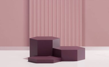 Altıgen podyum, erik rengi, üçlü altıgen tabanlı, soyulmuş Amaranth Pembesi arkaplan.