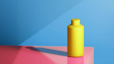 Parlak sarı renkli içki şişesi bir meyve kokteyli masasının üzerine yerleştirilmiş, parlak renklerde fotojenik fotoğraf konsepti..