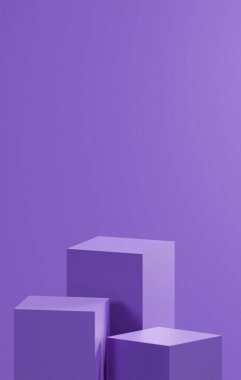 Farklı boyutlarda 3 dikey orkide arkaplanı, üç koyu orkide küpü tabanı, koyu renk paleti, ürün yerleştirme