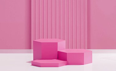 Bubblegum renginde farklı yüksekliğe sahip 3 Hexagon tabanı, soyulmuş Bubblegum renk arkaplanı