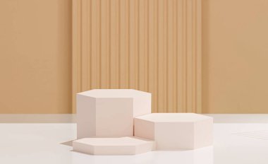 Farklı boyutlarda 3 beyaz altıgen tabanlı, kumlu kahverengi arka plan, çizgi desenli arka plan