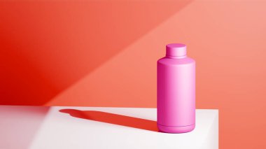 Parlak fuscia içki şişesi beyaz bir masaya yerleştirilmiş, mercan arka planının önüne yerleştirilmiş, parlak renklerle fütüristik fotoğraf konsepti