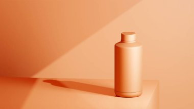 Kavun renkli içecek şişesi kavun masasının üzerine yerleştirilmiş, kavun arkaplanının önüne yerleştirilmiş, parlak renkli fotograf konsepti.