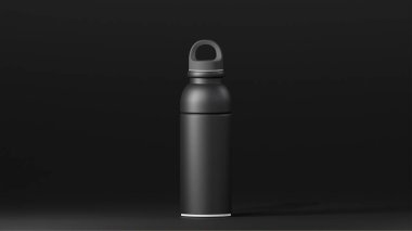 Modern tasarımı olan spor içeceği şişesi, beyaz kenarlı modern siyah bardak, siyah arka planda duruyor..