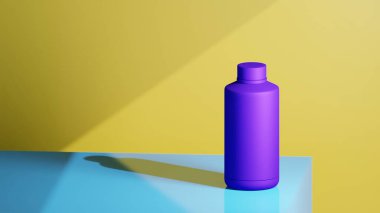 parlak indigo renkli içki şişesi arktik bir masaya yerleştirilmiş, kadmiyum sarı arka plan, parlak renklerle fütüristik fotoğraf konsepti