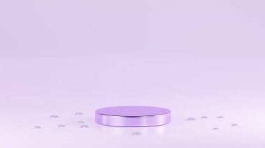 Aydınlık, leylak renginde, lacivert bir podyuma yerleştirilmiş. Etrafında su damlaları olan lacivert bir zemin.