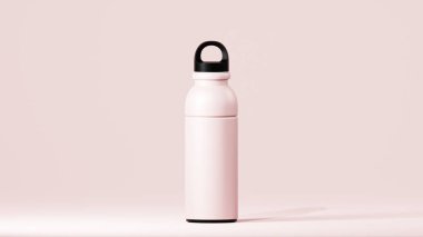 Modern tasarımlı içki şişesi, siyah kapaklı açık pembe bardak, açık pembe arka planda durun..